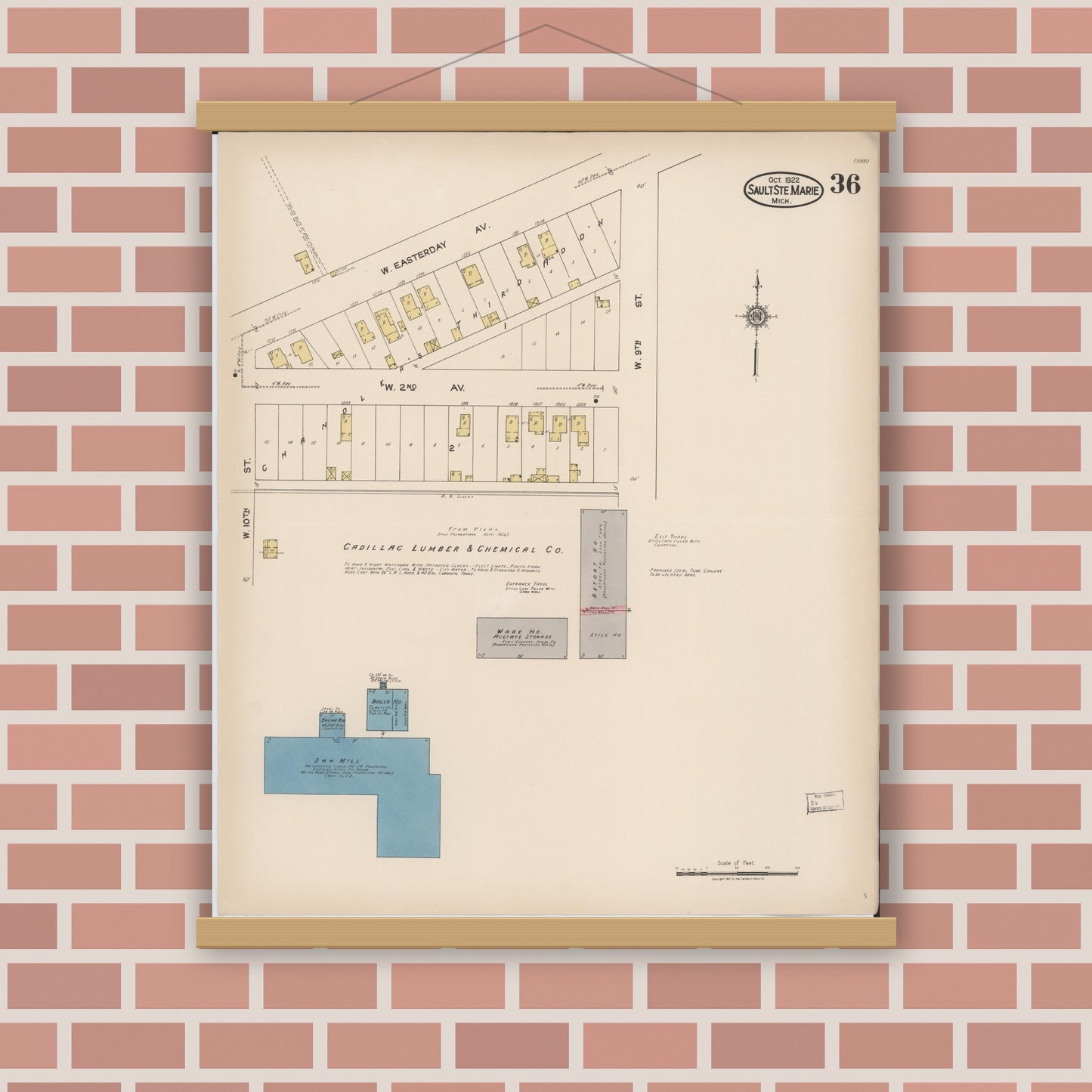 Old map wall art mockup — magnetic wood frame on brick wall — Sanborn Fire Insurance Map from Sault Sainte Marie, Chippewa County, Michigan (1922), Sheet #0036