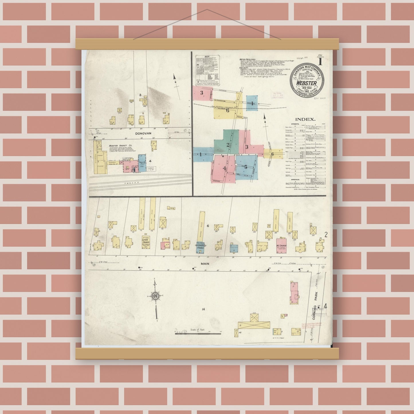 Old map wall art mockup — magnetic wood frame on brick wall — Sanborn Fire Insurance Map from Webster, Monroe County, New York (1912) - Complete Map Set