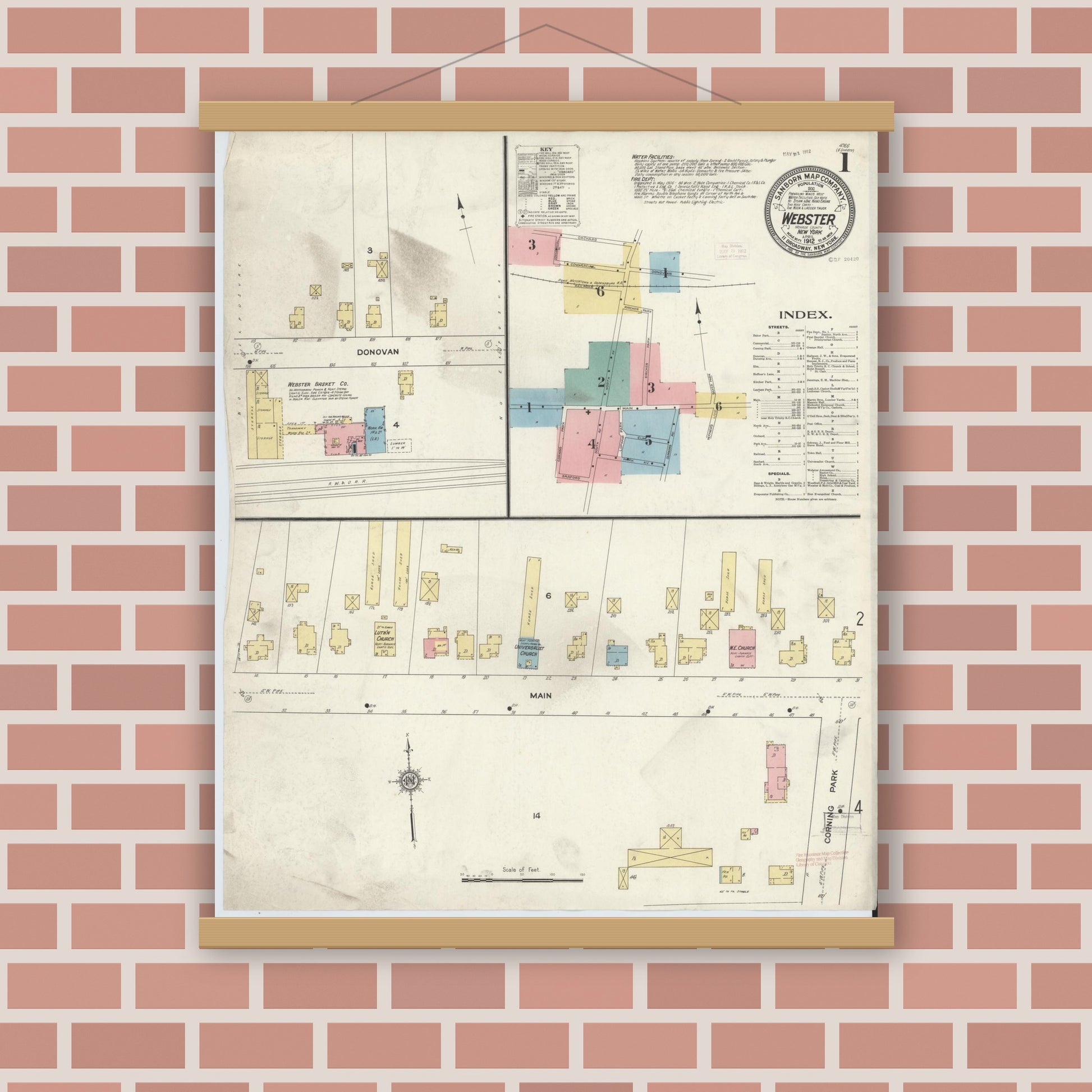Old map wall art mockup — magnetic wood frame on brick wall — Sanborn Fire Insurance Map from Webster, Monroe County, New York (1912) - Complete Map Set
