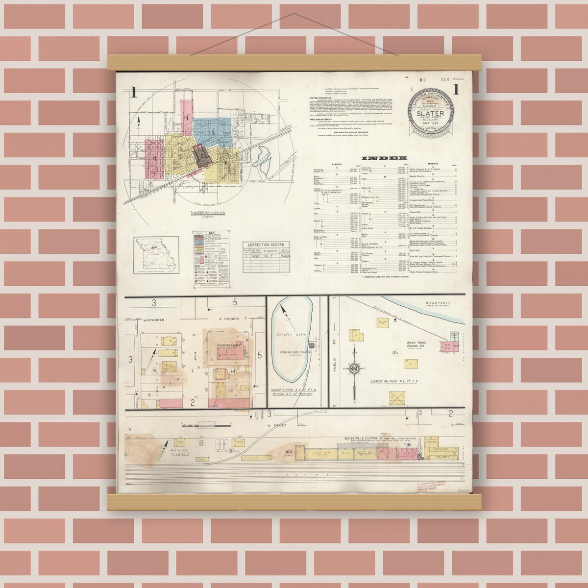 Old map wall art mockup — magnetic wood frame on brick wall — Sanborn Fire Insurance Map from Slater, Saline County, Missouri (1944) - Complete Map Set