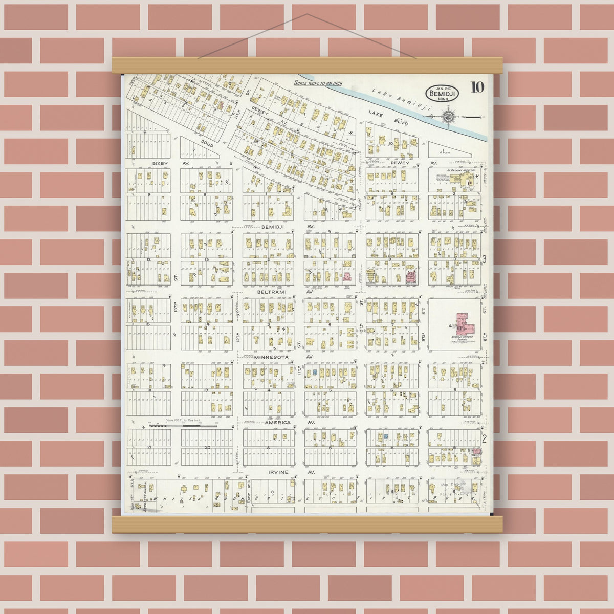 Old map wall art mockup — magnetic wood frame on brick wall — Sanborn Fire Insurance Map from Bemidji, Beltrami County, Minnesota (1916), Sheet #0010