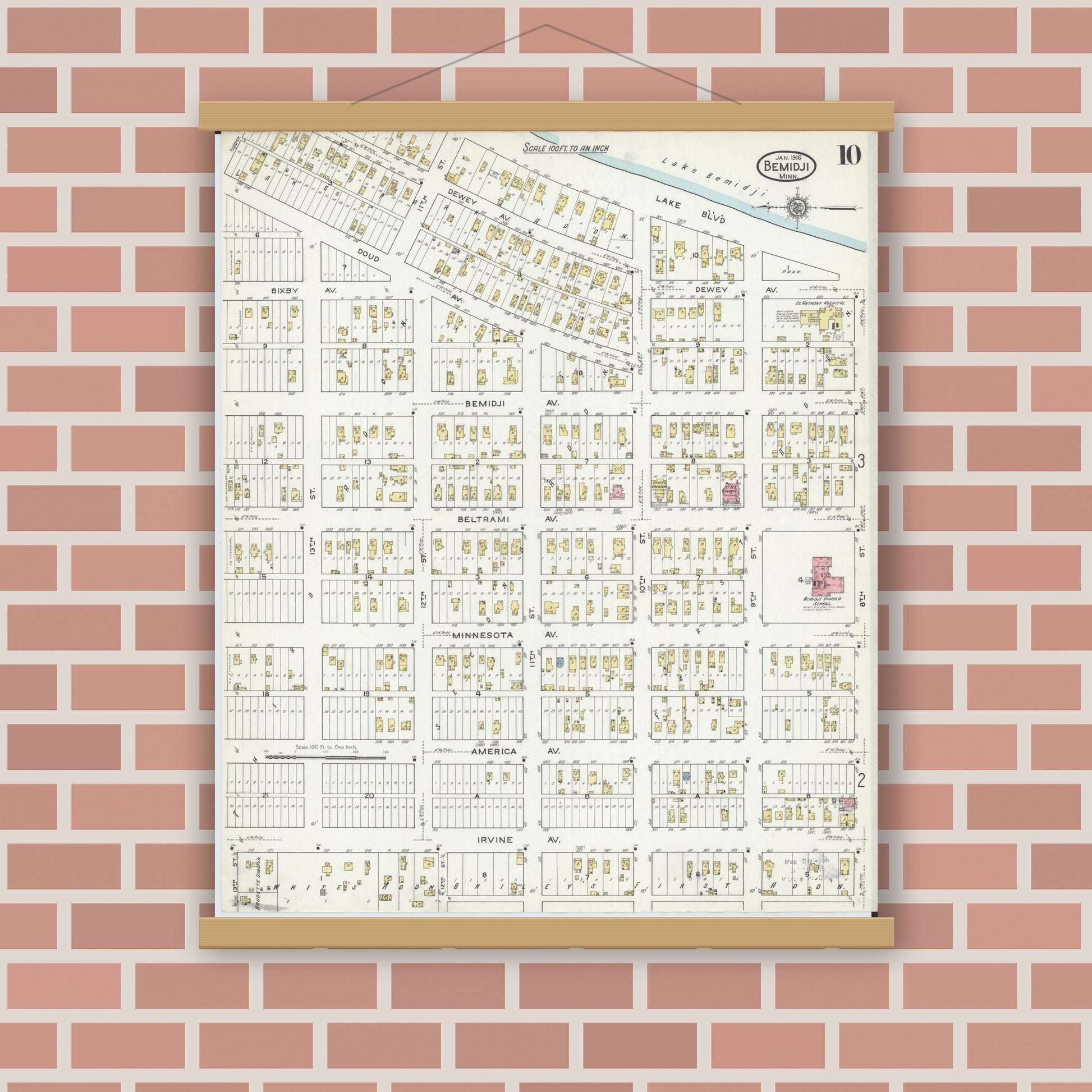 Old map wall art mockup — magnetic wood frame on brick wall — Sanborn Fire Insurance Map from Bemidji, Beltrami County, Minnesota (1916), Sheet #0010