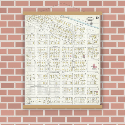 Old map wall art mockup — magnetic wood frame on brick wall — Sanborn Fire Insurance Map from Bemidji, Beltrami County, Minnesota (1916), Sheet #0010