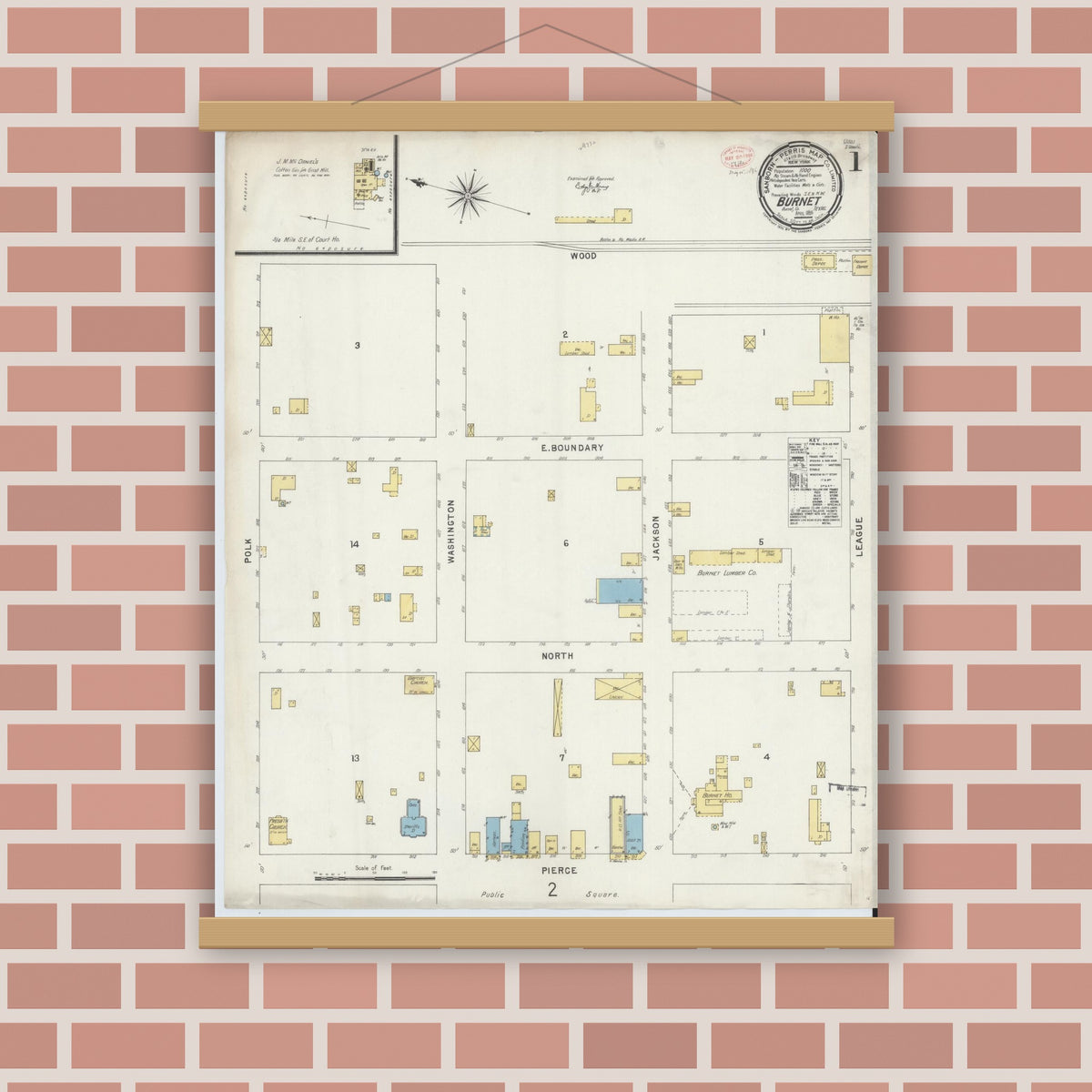 Old map wall art mockup — magnetic wood frame on brick wall — Sanborn Fire Insurance Map from Burnet, Burnet County, Texas (1896), Sheet #0001