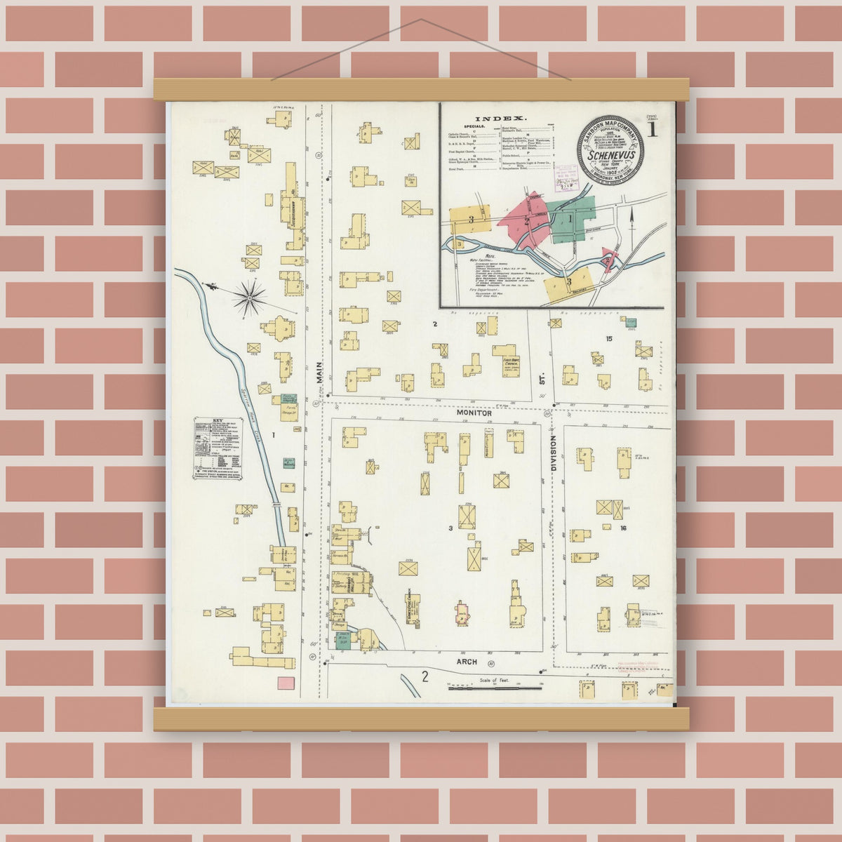 Old map wall art mockup — magnetic wood frame on brick wall — Sanborn Fire Insurance Map from Schenevus, Otsego County, New York (1905), Sheet #0001