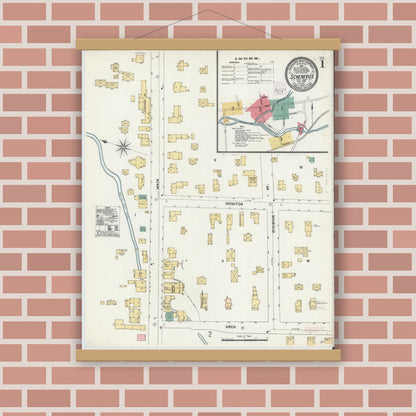 Old map wall art mockup — magnetic wood frame on brick wall — Sanborn Fire Insurance Map from Schenevus, Otsego County, New York (1905), Sheet #0001