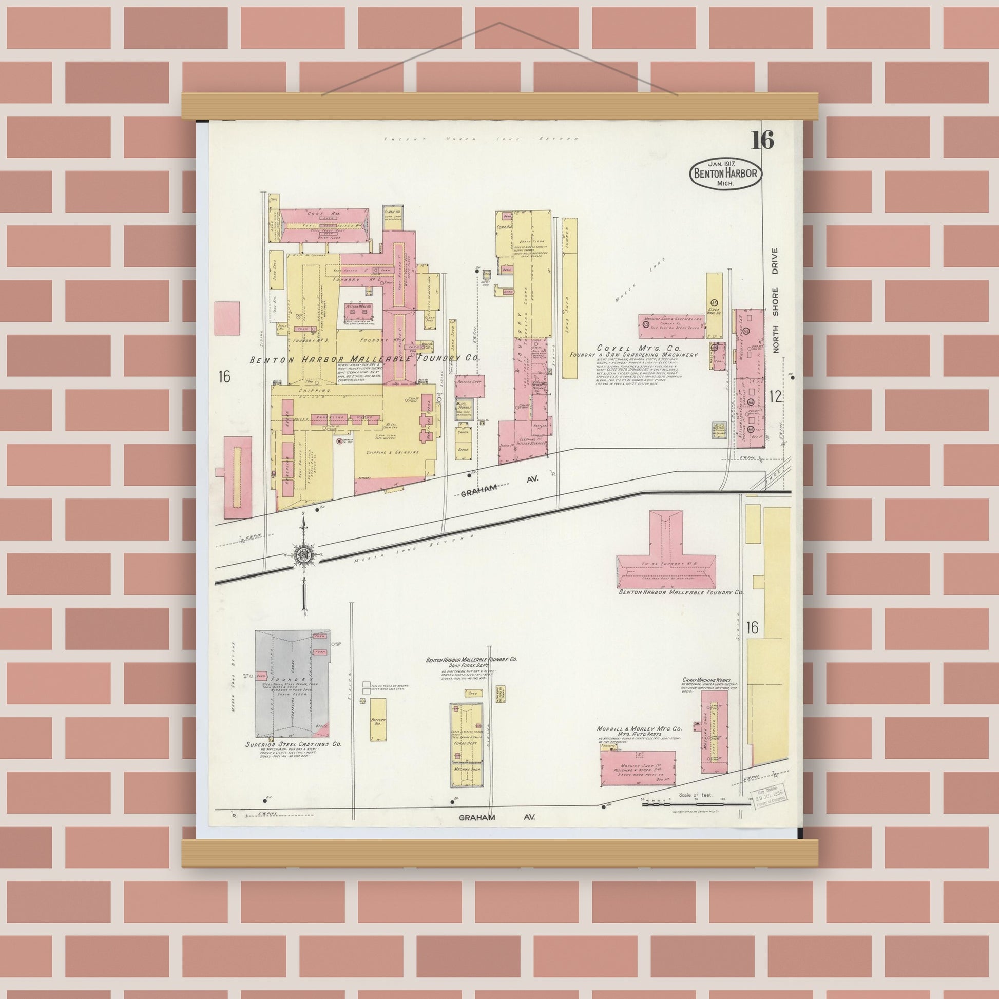 Old map wall art mockup — magnetic wood frame on brick wall — Sanborn Fire Insurance Map from Benton Harbor, Berrien County, Michigan (1917), Sheet #0016