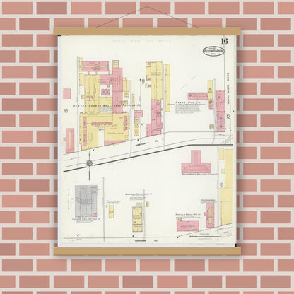 Old map wall art mockup — magnetic wood frame on brick wall — Sanborn Fire Insurance Map from Benton Harbor, Berrien County, Michigan (1917), Sheet #0016