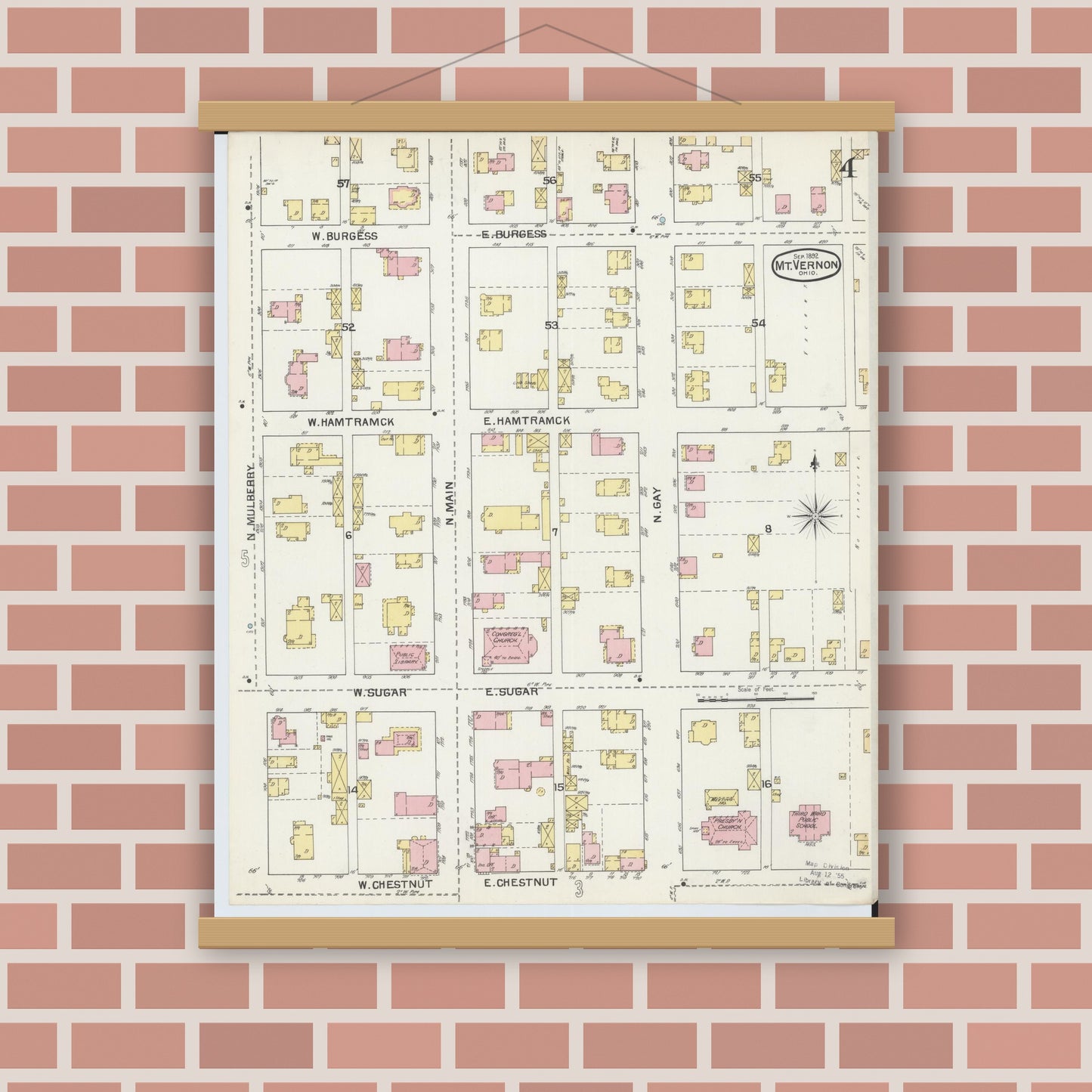 Old map wall art mockup — magnetic wood frame on brick wall — Sanborn Fire Insurance Map from Mount Vernon, Knox County, Ohio (1892), Sheet #0004