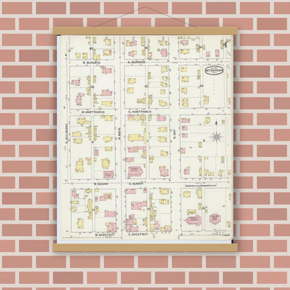 Old map wall art mockup — magnetic wood frame on brick wall — Sanborn Fire Insurance Map from Mount Vernon, Knox County, Ohio (1892), Sheet #0004