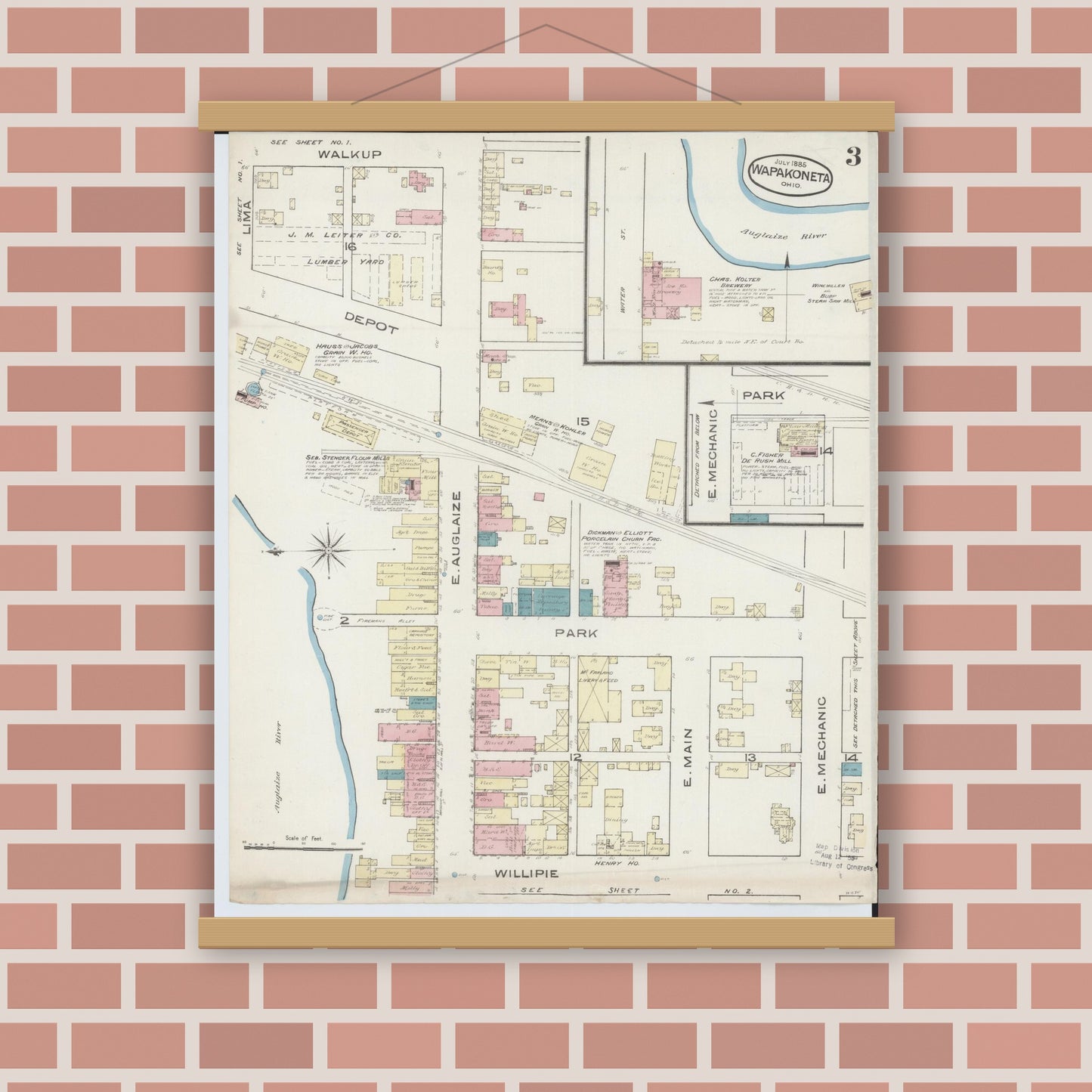 Old map wall art mockup — magnetic wood frame on brick wall — Sanborn Fire Insurance Map from Wapakoneta, Auglaize County, Ohio (1885), Sheet #0003