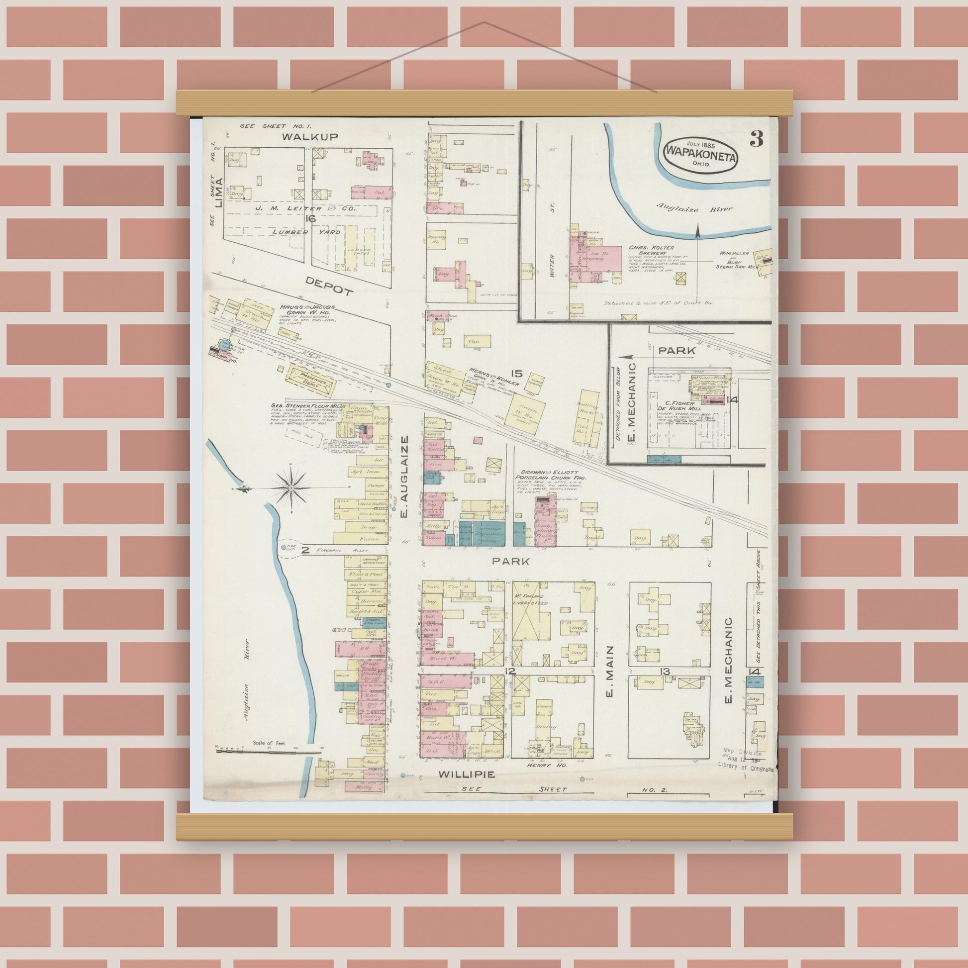 Old map wall art mockup — magnetic wood frame on brick wall — Sanborn Fire Insurance Map from Wapakoneta, Auglaize County, Ohio (1885), Sheet #0003