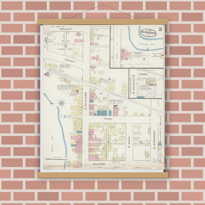 Old map wall art mockup — magnetic wood frame on brick wall — Sanborn Fire Insurance Map from Wapakoneta, Auglaize County, Ohio (1885), Sheet #0003