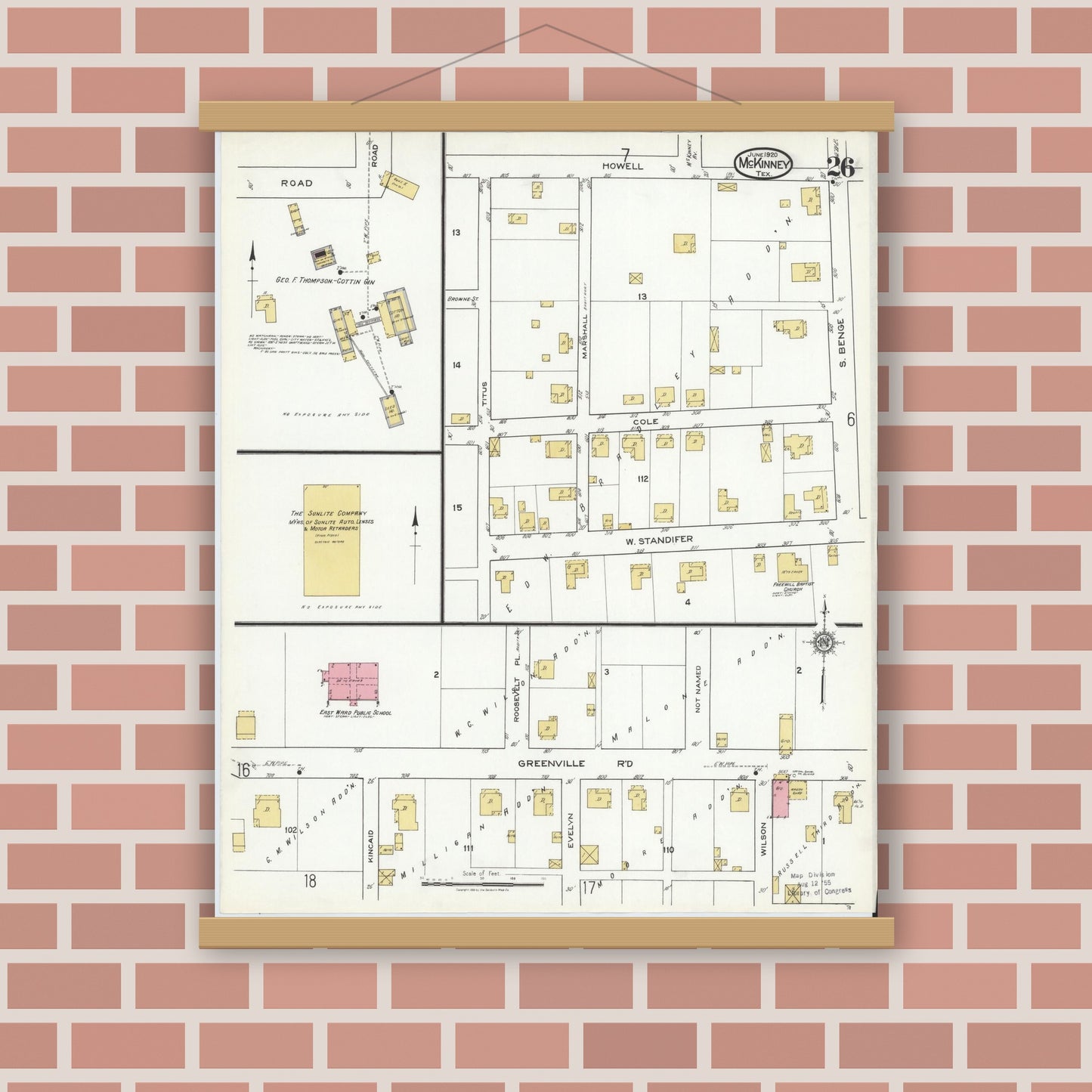 Old map wall art mockup — magnetic wood frame on brick wall — Sanborn Fire Insurance Map from McKinney, Collin County, Texas (1920), Sheet #0026