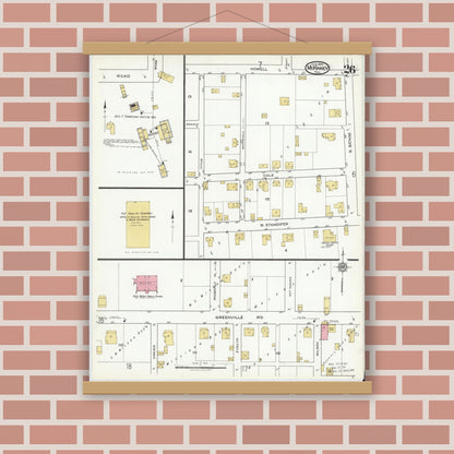 Old map wall art mockup — magnetic wood frame on brick wall — Sanborn Fire Insurance Map from McKinney, Collin County, Texas (1920), Sheet #0026