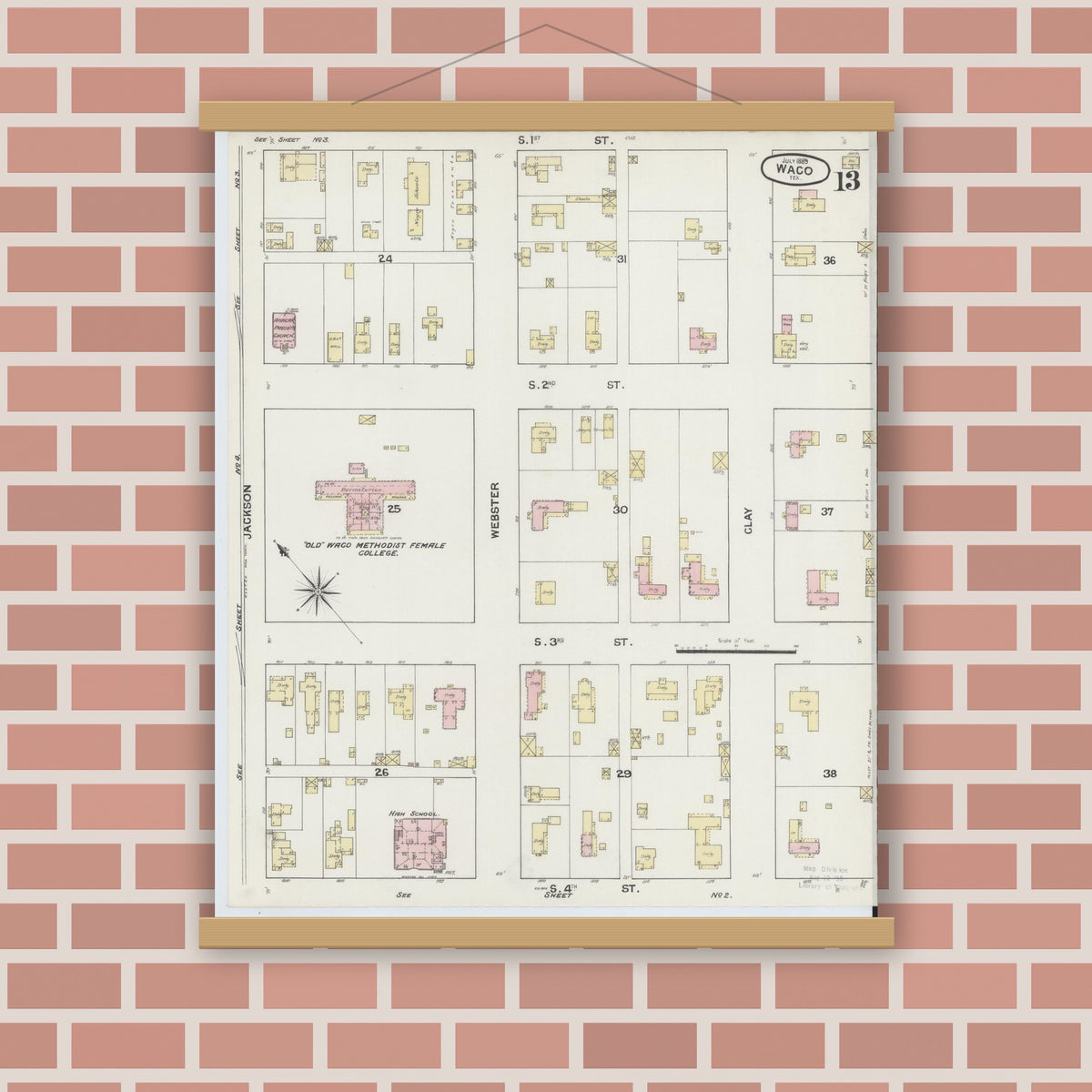 Old map wall art mockup — magnetic wood frame on brick wall — Sanborn Fire Insurance Map from Waco, McLennan County, Texas (1889), Sheet #0013