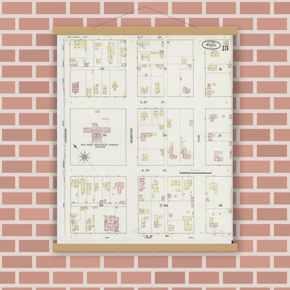 Old map wall art mockup — magnetic wood frame on brick wall — Sanborn Fire Insurance Map from Waco, McLennan County, Texas (1889), Sheet #0013