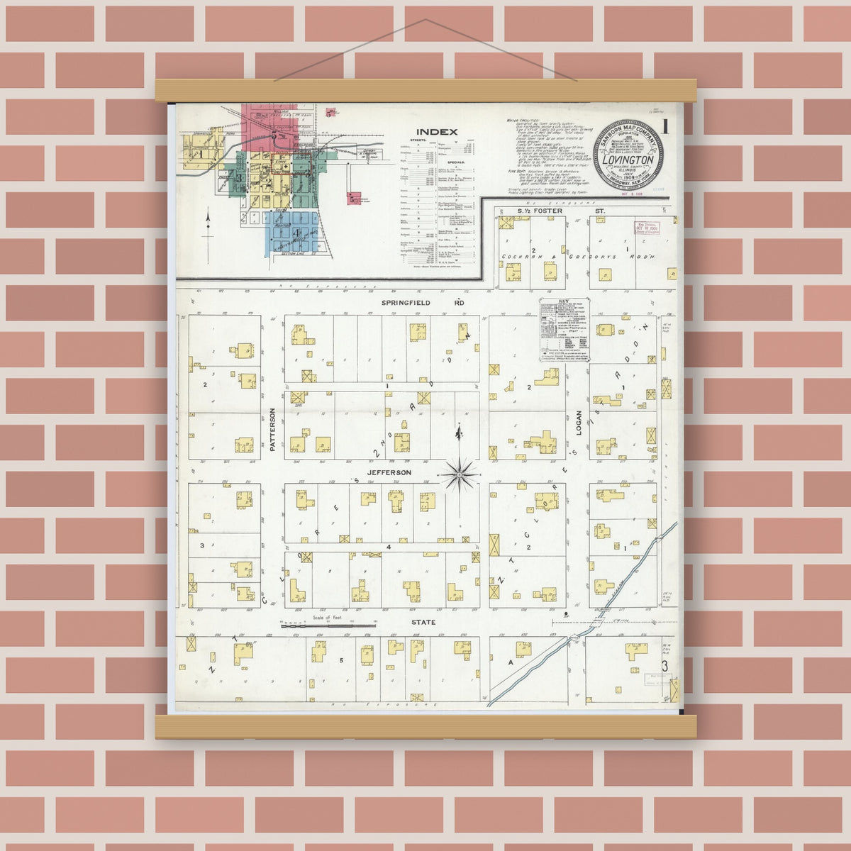 Old map wall art mockup — magnetic wood frame on brick wall — Sanborn Fire Insurance Map from Lovington, Moultrie County, Illinois (1909) - Complete Map Set