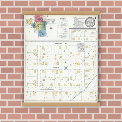Old map wall art mockup — magnetic wood frame on brick wall — Sanborn Fire Insurance Map from Lovington, Moultrie County, Illinois (1909) - Complete Map Set