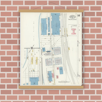 Old map wall art mockup — magnetic wood frame on brick wall — Sanborn Fire Insurance Map from Ambridge, Beaver County, Pennsylvania (1917), Sheet #0014
