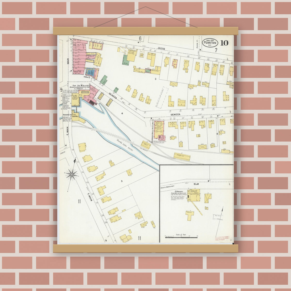 Old map wall art mockup — magnetic wood frame on brick wall — Sanborn Fire Insurance Map from Penn Yan, Yates County, New York (1903), Sheet #0010
