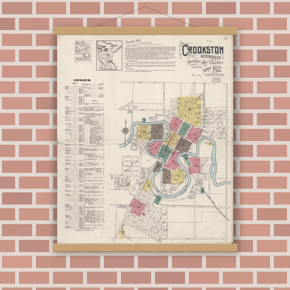 Old map wall art mockup — magnetic wood frame on brick wall — Sanborn Fire Insurance Map from Crookston, Polk County, Minnesota (1922), Sheet #0001