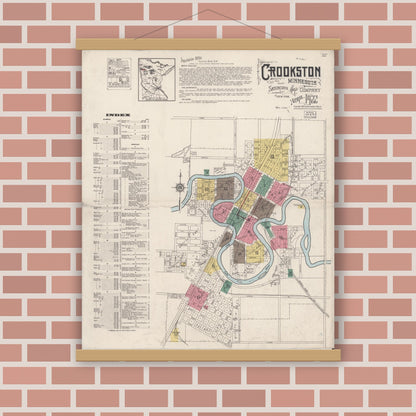 Old map wall art mockup — magnetic wood frame on brick wall — Sanborn Fire Insurance Map from Crookston, Polk County, Minnesota (1922), Sheet #0001