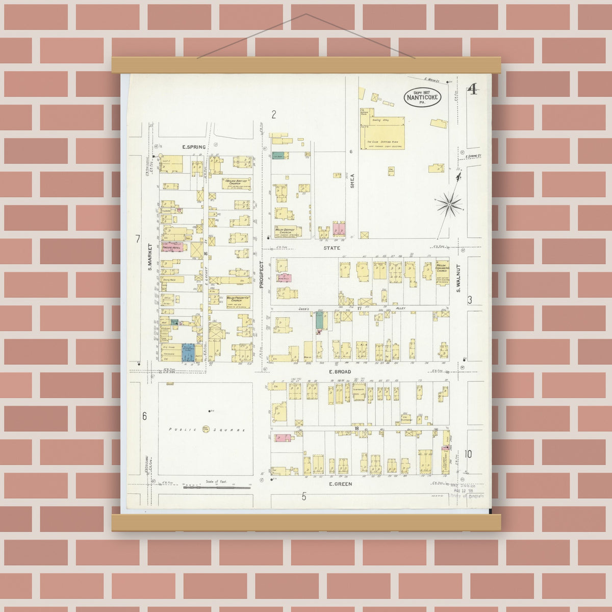 Old map wall art mockup — magnetic wood frame on brick wall — Sanborn Fire Insurance Map from Nanticoke, Luzerne County, Pennsylvania (1907), Sheet #0004