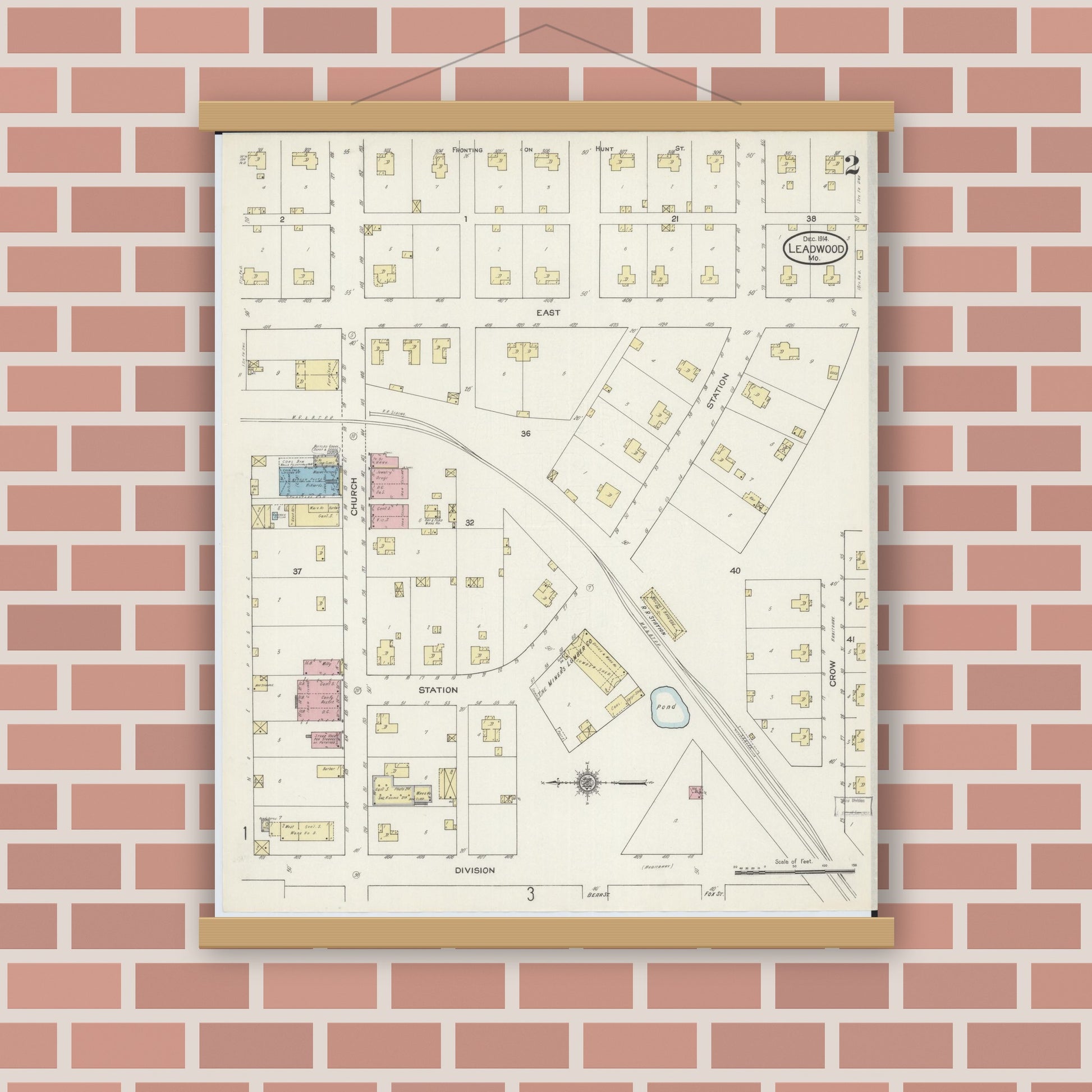 Old map wall art mockup — magnetic wood frame on brick wall — Sanborn Fire Insurance Map from Leadwood, Saint Francois County, Missouri (1914), Sheet #0002