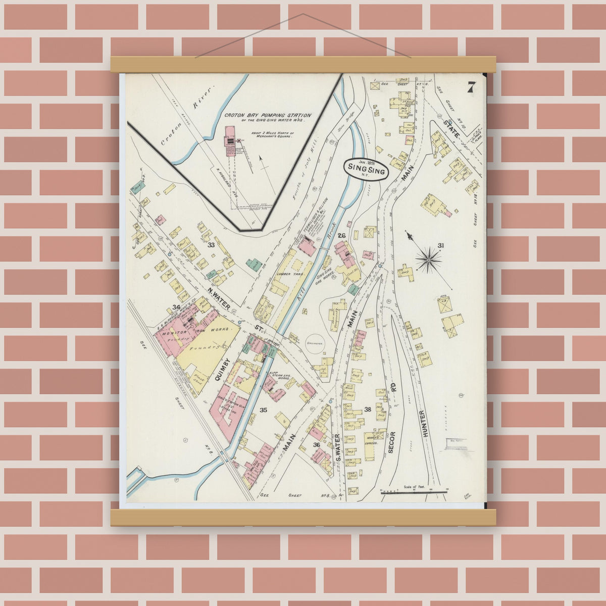 Old map wall art mockup — magnetic wood frame on brick wall — Sanborn Fire Insurance Map from Sing Sing, Westchester County, New York (1891), Sheet #0007