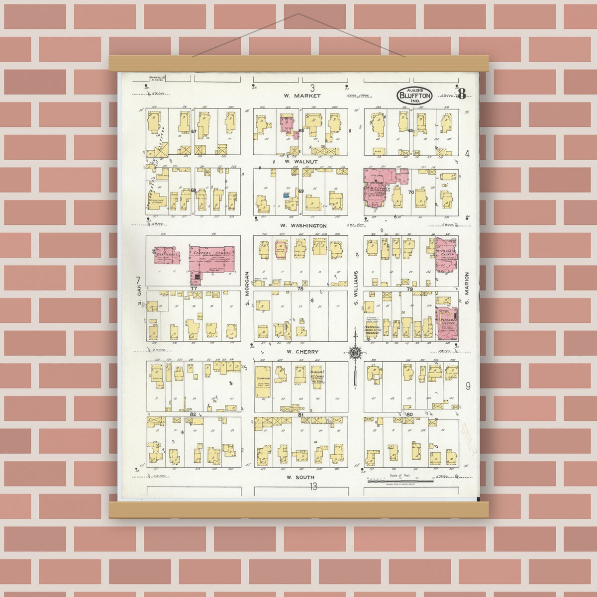 Old map wall art mockup — magnetic wood frame on brick wall — Sanborn Fire Insurance Map from Bluffton, Wells County, Indiana (1919), Sheet #0008