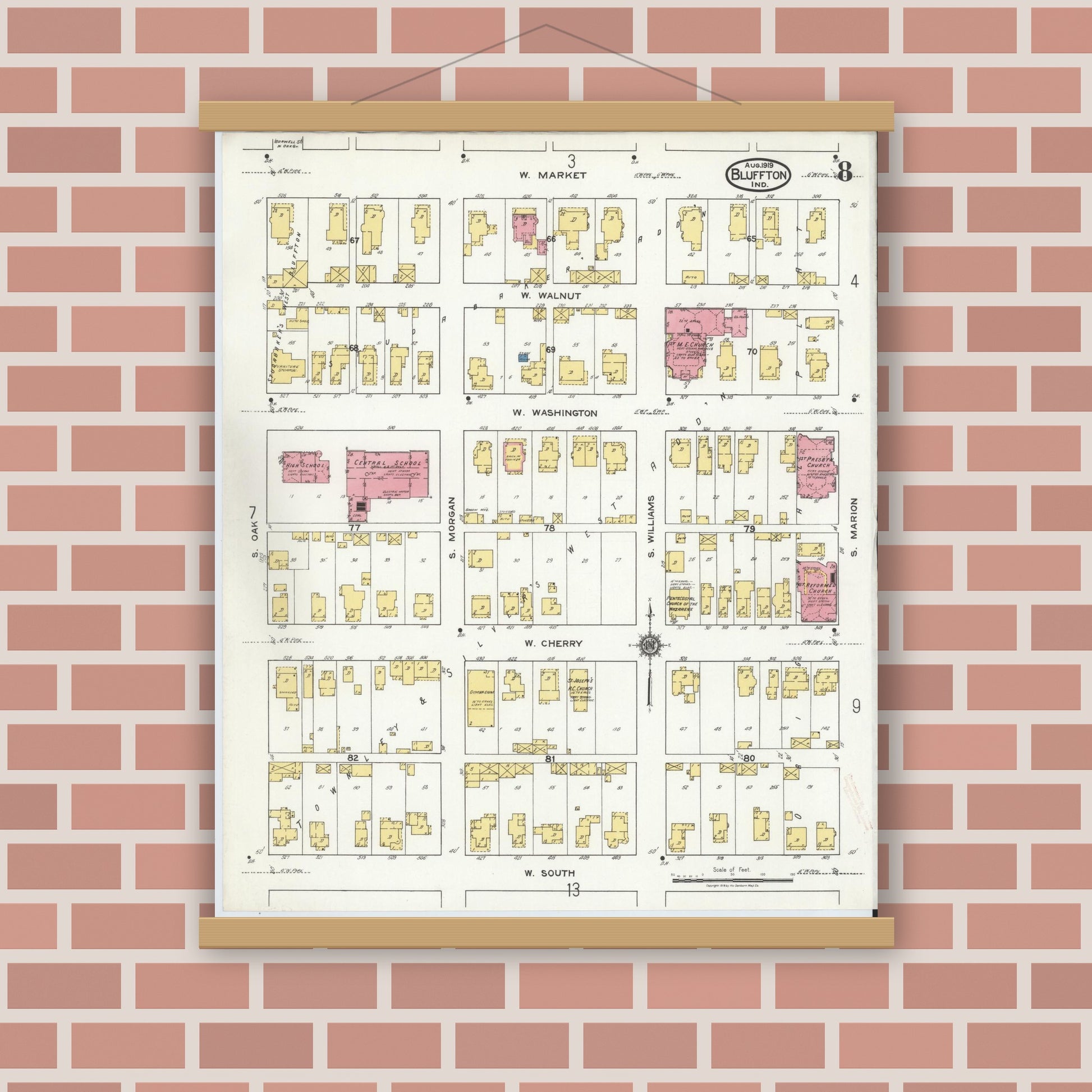 Old map wall art mockup — magnetic wood frame on brick wall — Sanborn Fire Insurance Map from Bluffton, Wells County, Indiana (1919), Sheet #0008