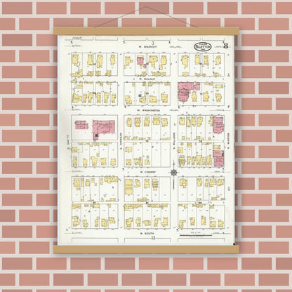 Old map wall art mockup — magnetic wood frame on brick wall — Sanborn Fire Insurance Map from Bluffton, Wells County, Indiana (1919), Sheet #0008