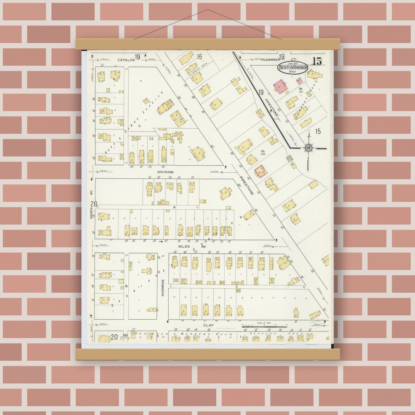 Old map wall art mockup — magnetic wood frame on brick wall — Sanborn Fire Insurance Map from Benton Harbor, Berrien County, Michigan (1917), Sheet #0015