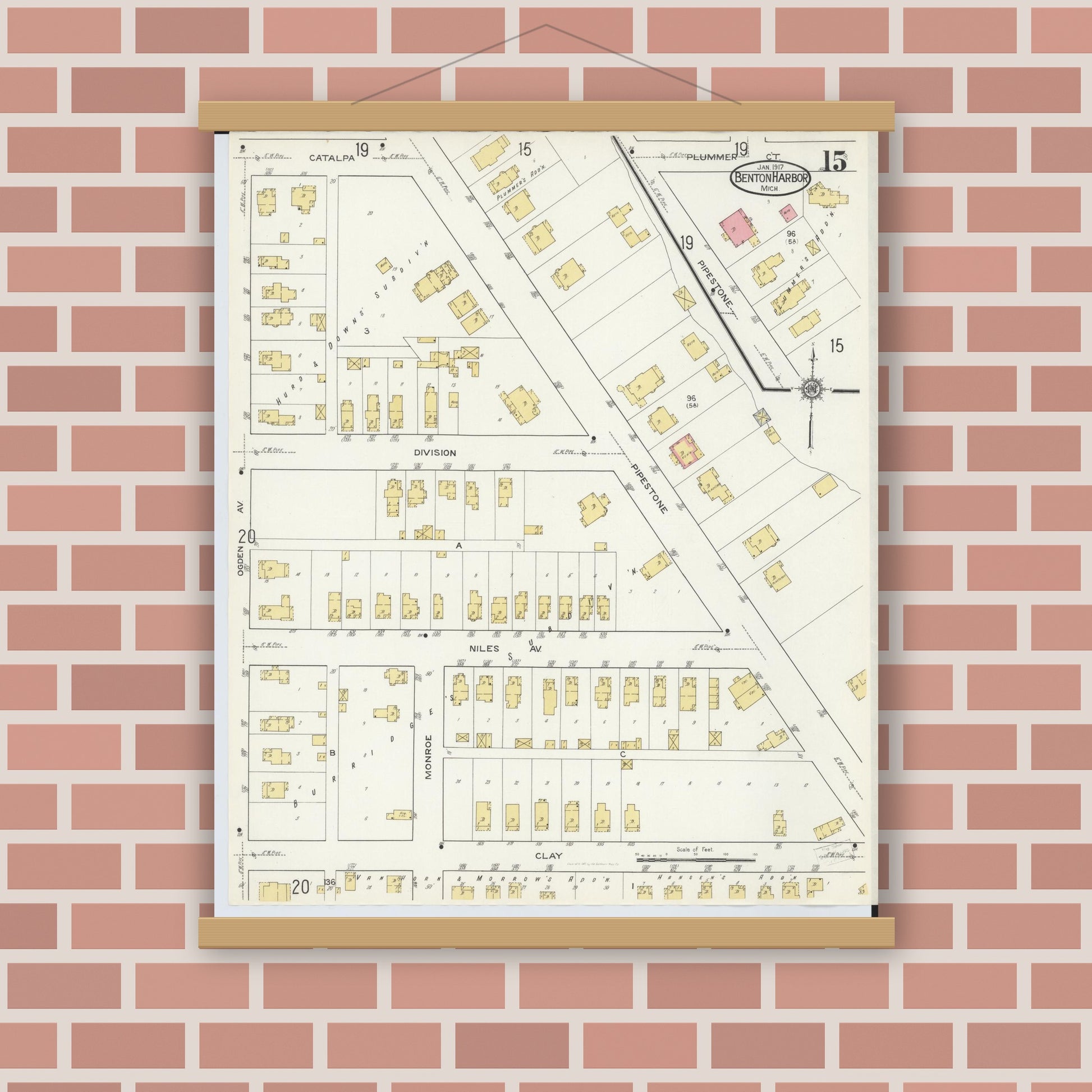Old map wall art mockup — magnetic wood frame on brick wall — Sanborn Fire Insurance Map from Benton Harbor, Berrien County, Michigan (1917), Sheet #0015