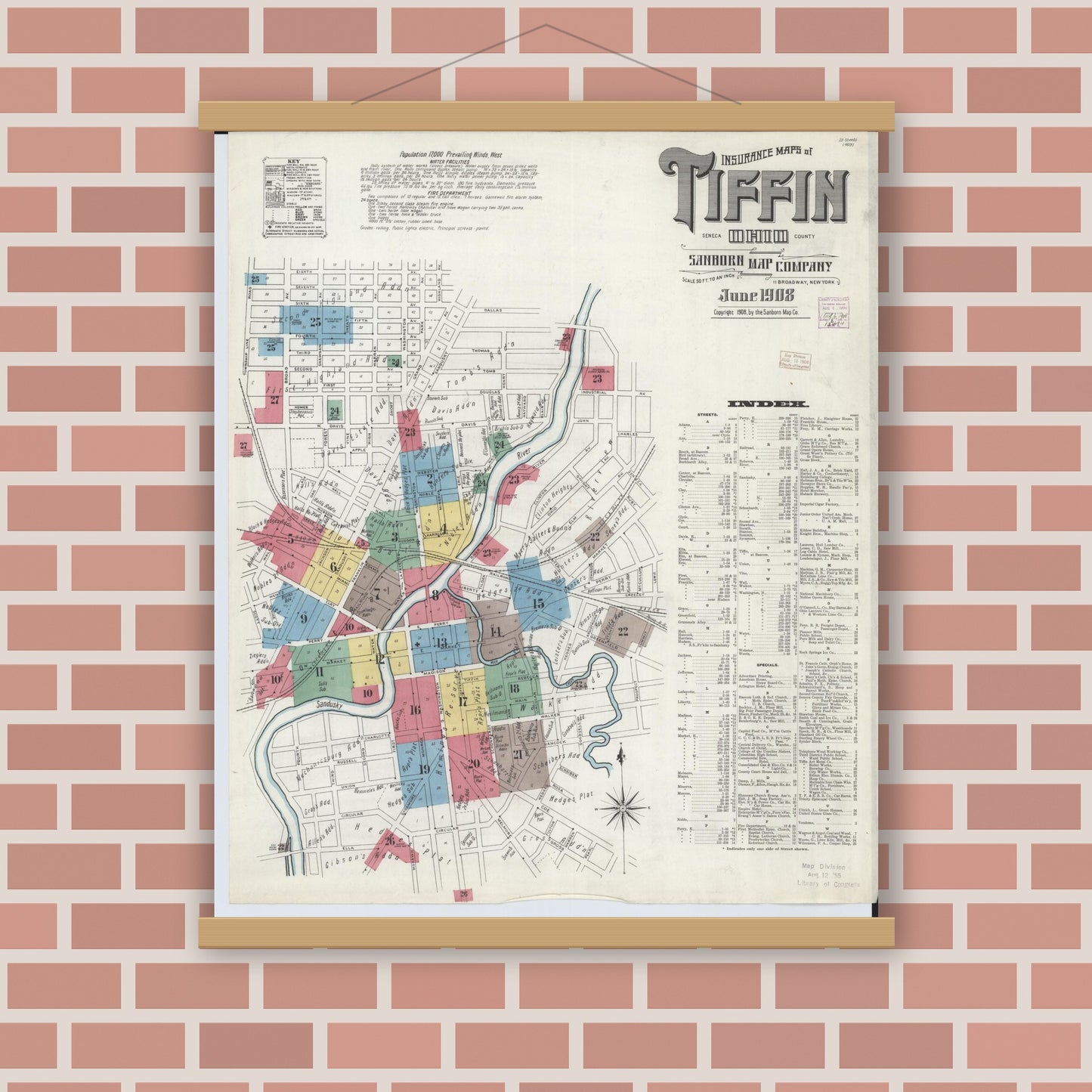 Old map wall art mockup — magnetic wood frame on brick wall — Sanborn Fire Insurance Map from Tiffin, Seneca County, Ohio (1908) - Complete Map Set