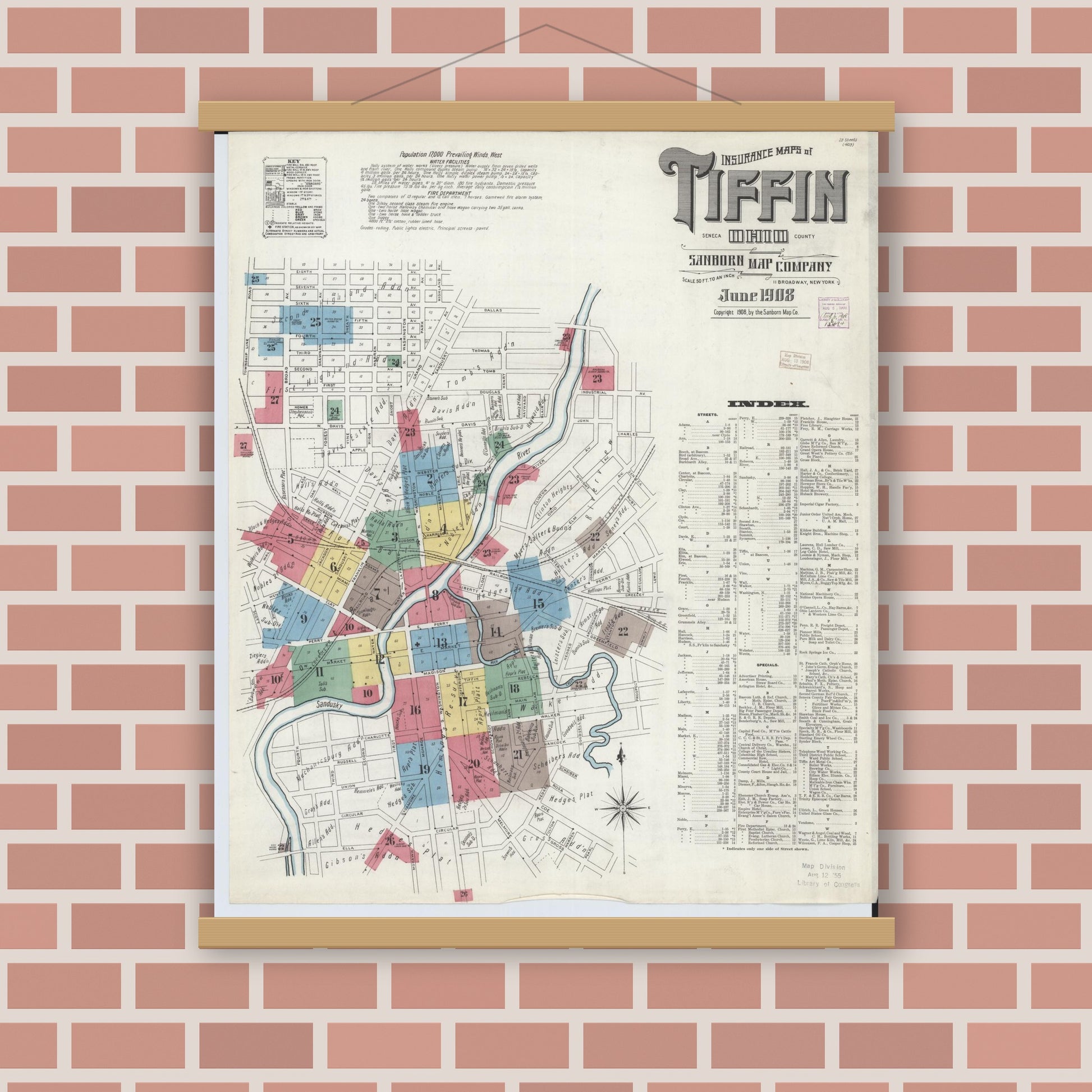 Old map wall art mockup — magnetic wood frame on brick wall — Sanborn Fire Insurance Map from Tiffin, Seneca County, Ohio (1908) - Complete Map Set