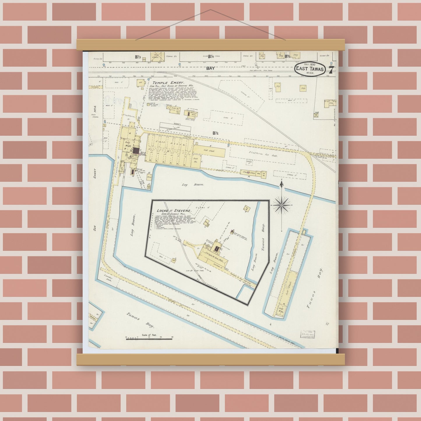 Old map wall art mockup — magnetic wood frame on brick wall — Sanborn Fire Insurance Map from East Tawas, Iosco County, Michigan (1890), Sheet #0007