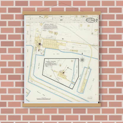 Old map wall art mockup — magnetic wood frame on brick wall — Sanborn Fire Insurance Map from East Tawas, Iosco County, Michigan (1890), Sheet #0007
