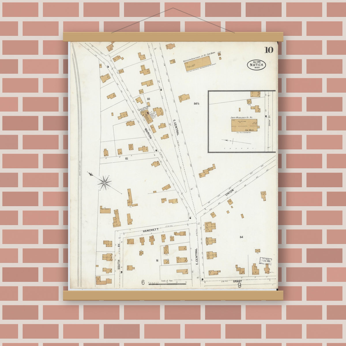 Old map wall art mockup — magnetic wood frame on brick wall — Sanborn Fire Insurance Map from Natick, Middlesex County, Massachusetts (1899), Sheet #0010