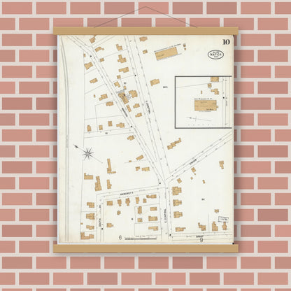 Old map wall art mockup — magnetic wood frame on brick wall — Sanborn Fire Insurance Map from Natick, Middlesex County, Massachusetts (1899), Sheet #0010