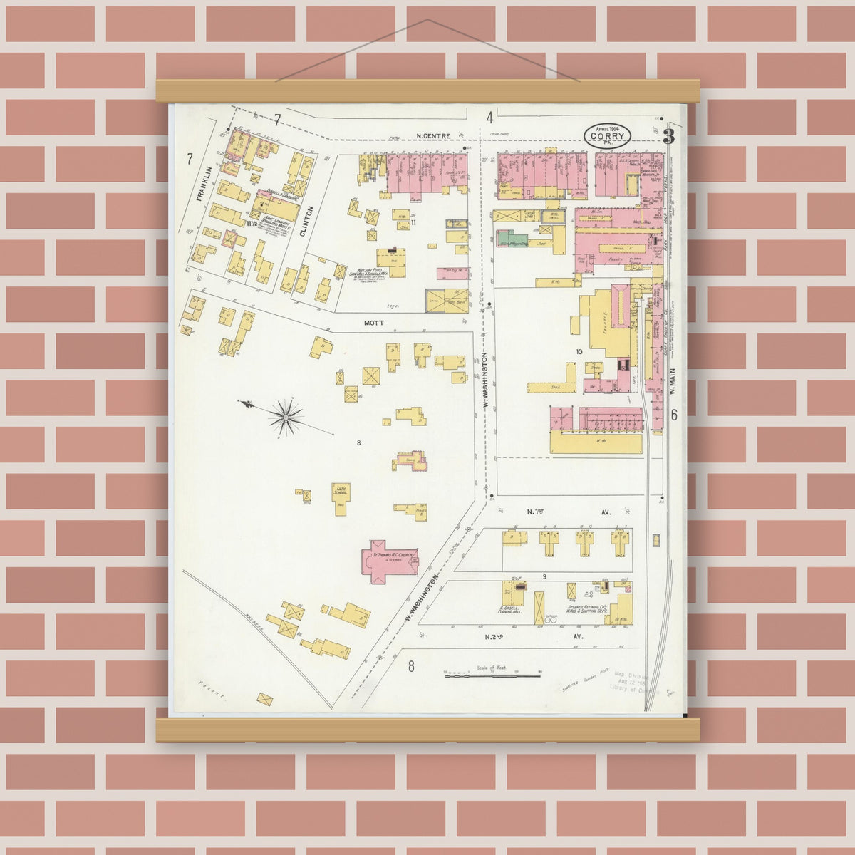 Old map wall art mockup — magnetic wood frame on brick wall — Sanborn Fire Insurance Map from Corry, Erie County, Pennsylvania (1904), Sheet #0003