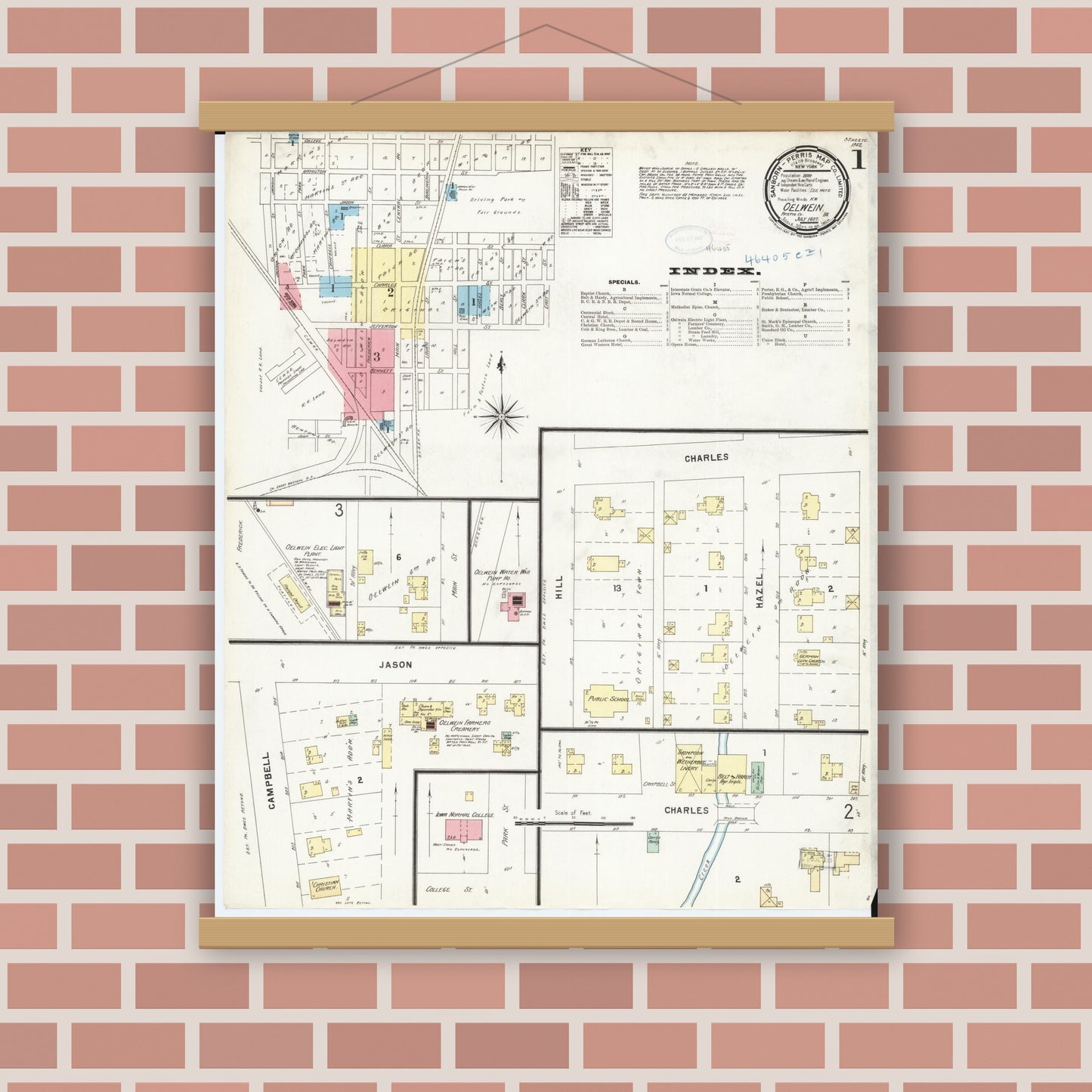 Old map wall art mockup — magnetic wood frame on brick wall — Sanborn Fire Insurance Map from Oelwein, Fayette County, Iowa (1897) â€” Complete Set