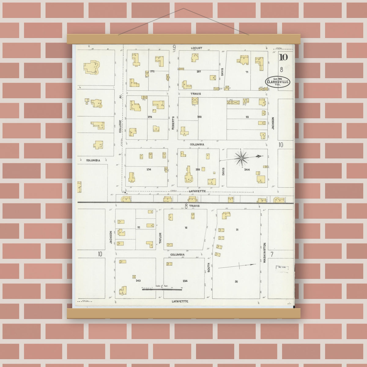 Old map wall art mockup — magnetic wood frame on brick wall — Sanborn Fire Insurance Map from Clarksville, Red River County, Texas (1906), Sheet #0010