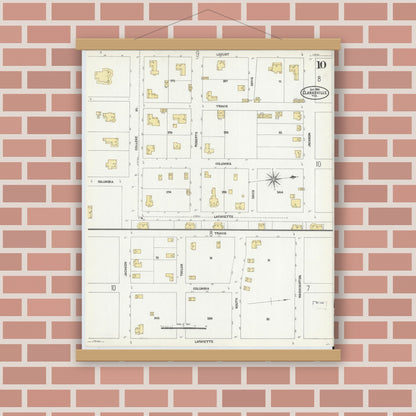 Old map wall art mockup — magnetic wood frame on brick wall — Sanborn Fire Insurance Map from Clarksville, Red River County, Texas (1906), Sheet #0010