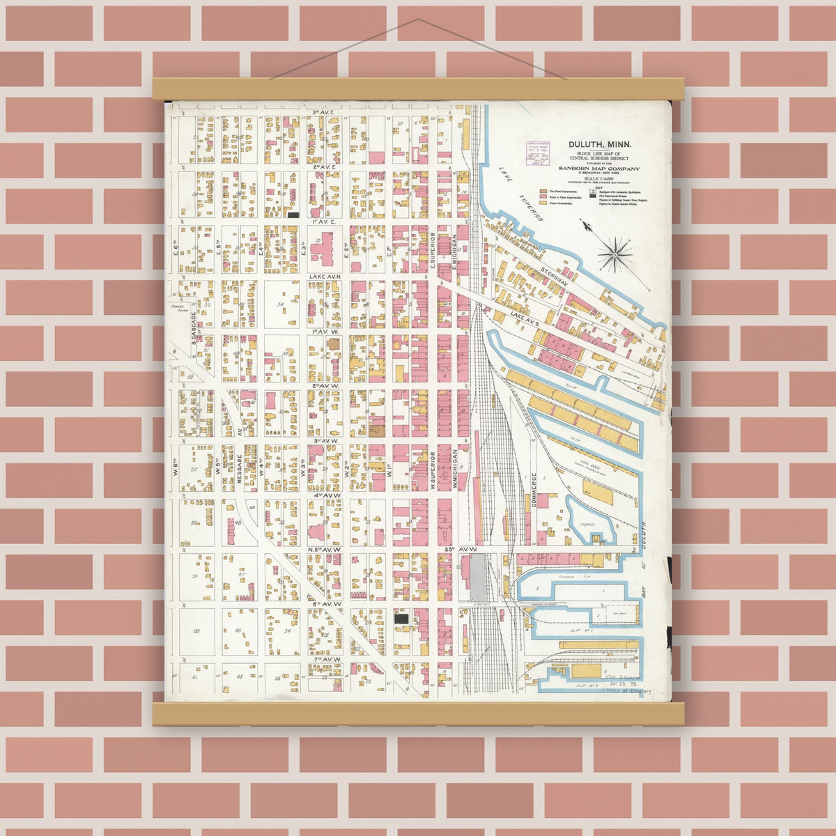 Old map wall art mockup — magnetic wood frame on brick wall — Sanborn Fire Insurance Map from Duluth, Saint Louis County, Minnesota (1906), Sheet #0001