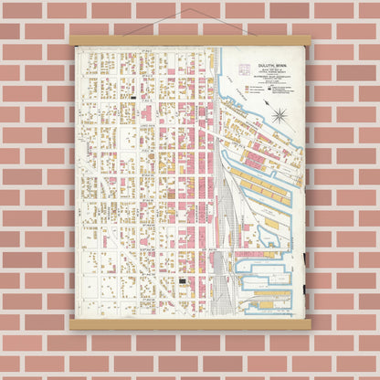 Old map wall art mockup — magnetic wood frame on brick wall — Sanborn Fire Insurance Map from Duluth, Saint Louis County, Minnesota (1906), Sheet #0001
