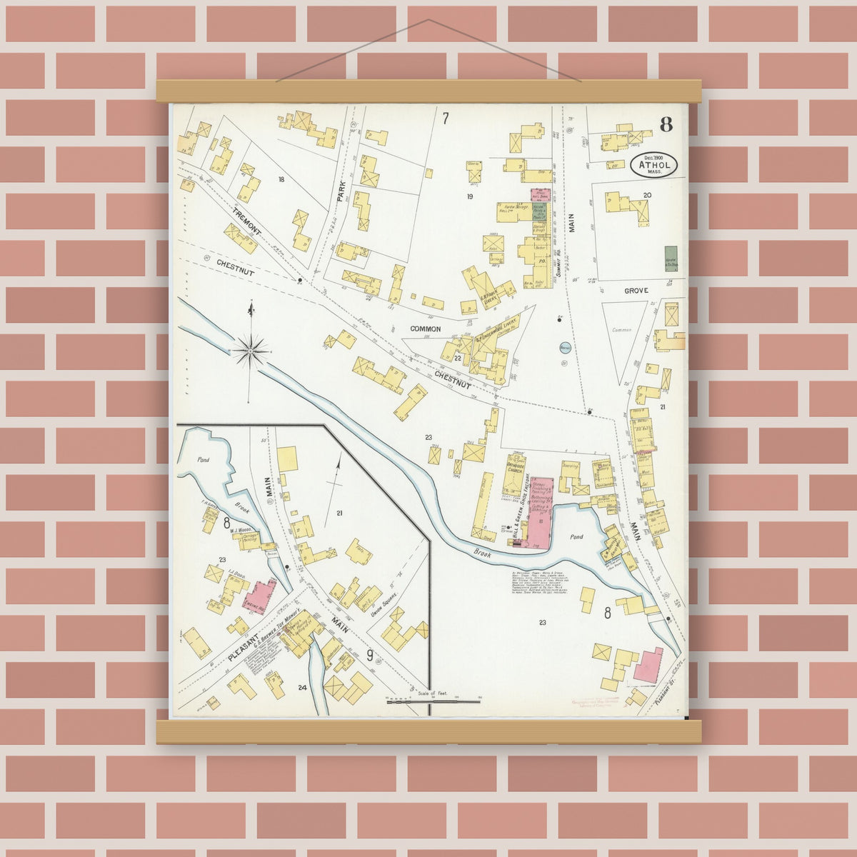 Old map wall art mockup — magnetic wood frame on brick wall — Sanborn Fire Insurance Map from Athol, Worcester County, Massachusetts (1900), Sheet #0008