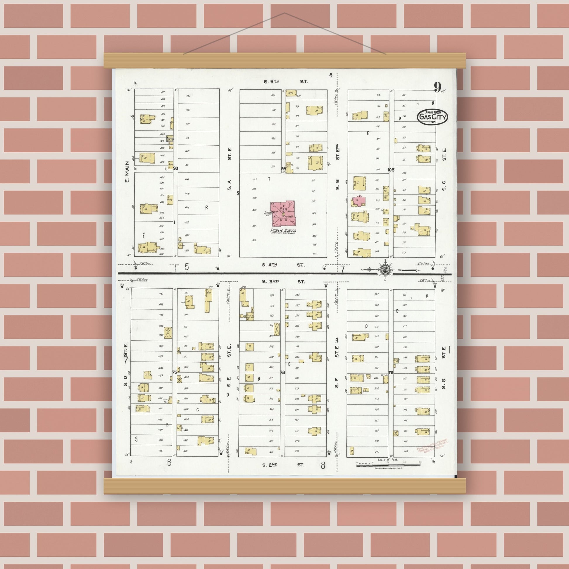 Old map wall art mockup — magnetic wood frame on brick wall — Sanborn Fire Insurance Map from Gas City, Grant County, Indiana (1920), Sheet #0009