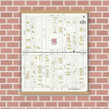 Old map wall art mockup — magnetic wood frame on brick wall — Sanborn Fire Insurance Map from Gas City, Grant County, Indiana (1920), Sheet #0009